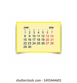 June 2020. A calendar sheet with two days off per week.