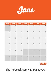 June 2020 Calendar Sheet. Week Start Sunday Modern Design Template.