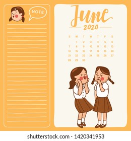 June : 2020 Calendar Template with hand drawn school kids illustration : Vector Illustration