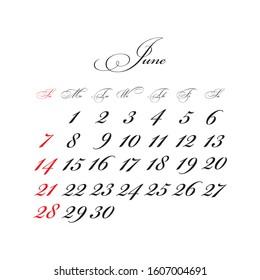 June 2020 Calendar vector with calligraphic font