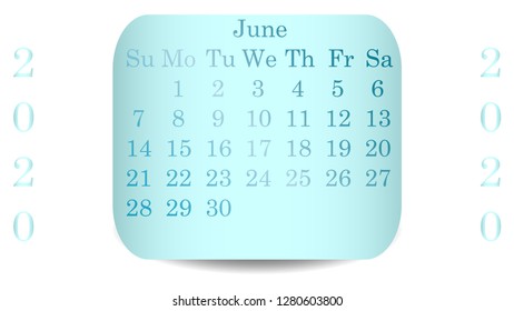 June 2020. Calendar 2020 vector design. Date on the curved stickers 
