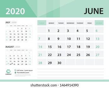 June 2020, Desk Calendar 2020 vector Design, green concept for business; Week Start On Sunday, Planner, Stationery, Printing, Size : 8 x 6 inch