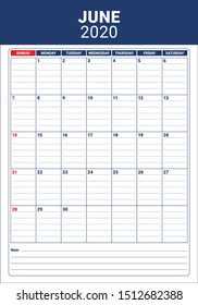 June 2020 desk calendar vector illustration, simple and clean design. 
