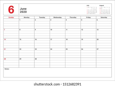 June 2020 desk calendar vector illustration, simple and clean design. 
