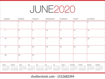 June 2020 desk calendar vector illustration, simple and clean design. 
