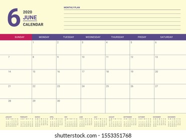 June 2020 desk calendar vector illustration, simple and clean design. 
