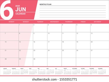 June 2020 desk calendar vector illustration, simple and clean design. 
