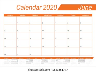 June 2020 desk calendar vector illustration, simple and clean design. 
