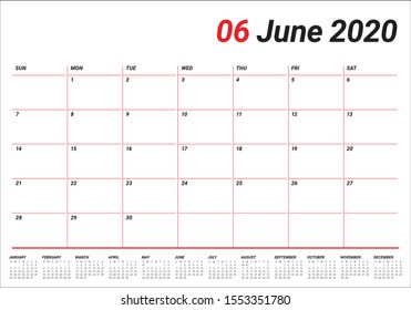June 2020 desk calendar vector illustration, simple and clean design. 

