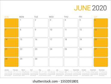 June 2020 desk calendar vector illustration, simple and clean design. 
