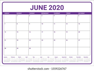 June 2020 desk calendar vector illustration, simple and clean design. 
