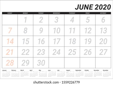 June 2020 desk calendar vector illustration, simple and clean design. 
