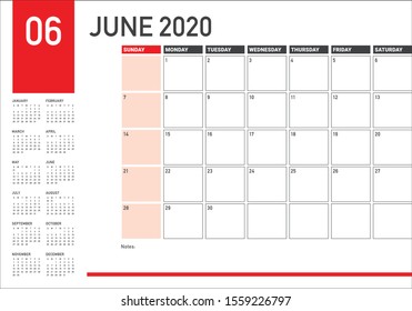 June 2020 desk calendar vector illustration, simple and clean design. 
