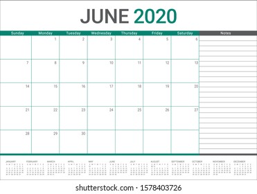 June 2020 desk calendar vector illustration, simple and clean design. 
