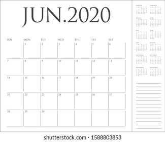 June 2020 desk calendar vector illustration, simple and clean design. 
