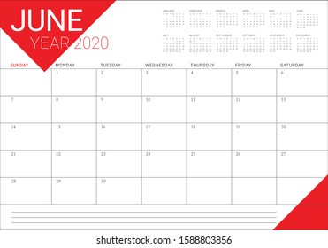 June 2020 desk calendar vector illustration, simple and clean design. 
