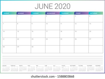 June 2020 desk calendar vector illustration, simple and clean design. 

