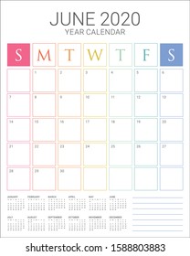June 2020 desk calendar vector illustration, simple and clean design. 
