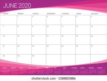 June 2020 desk calendar vector illustration, simple and clean design. 
