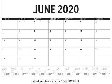 June 2020 desk calendar vector illustration, simple and clean design. 

