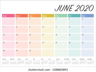 June 2020 desk calendar vector illustration, simple and clean design. 
