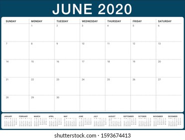 June 2020 desk calendar vector illustration, simple and clean design. 


