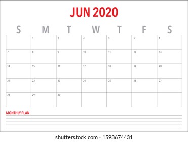 June 2020 desk calendar vector illustration, simple and clean design. 

