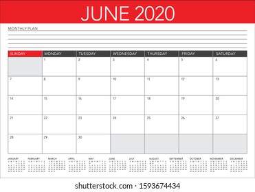 June 2020 desk calendar vector illustration, simple and clean design. 


