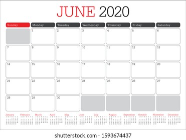 June 2020 desk calendar vector illustration, simple and clean design. 

