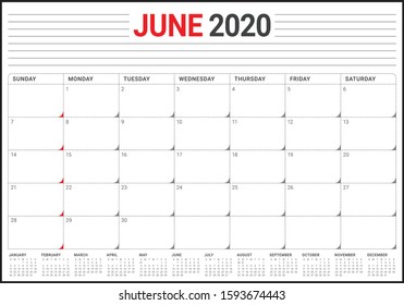 June 2020 desk calendar vector illustration, simple and clean design. 

