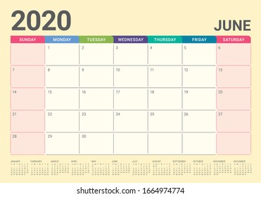 June 2020 desk calendar vector illustration, simple and clean design. 
