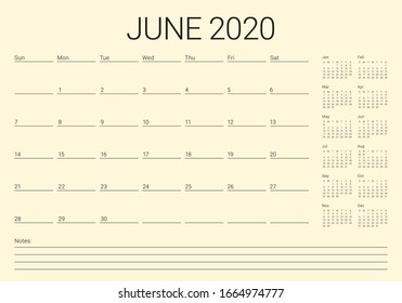 Ilustración vectorial del calendario de escritorio de junio de 2020, diseño simple y limpio. 
