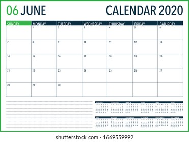 June 2020 desk calendar vector illustration, simple and clean design. 
