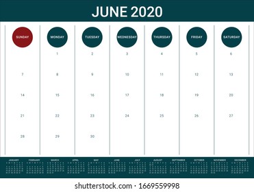 June 2020 desk calendar vector illustration, simple and clean design. 
