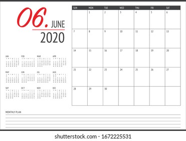 June 2020 desk calendar vector illustration, simple and clean design. 
