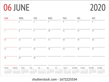 June 2020 desk calendar vector illustration, simple and clean design. 
