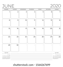 June 2020. Monthly calendar planner template. Minimalist style. Vector illustration. Week starts on Monday