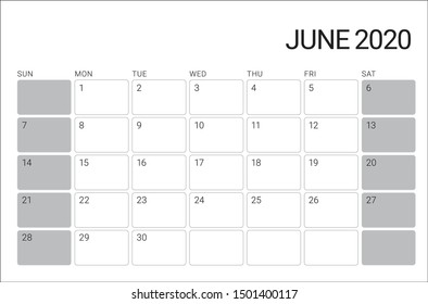 June 2020 monthly calendar vector illustration, simple and clean design. 