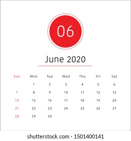 June 2020 monthly calendar vector illustration, simple and clean design. 