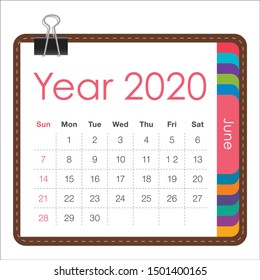 June 2020 monthly calendar vector illustration, simple and clean design. 