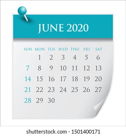 June 2020 monthly calendar vector illustration, simple and clean design. 