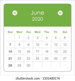 June 2020 monthly calendar vector illustration, simple and clean design. 