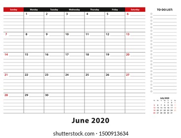 June 2020 Monthly Desk Pad Calendar week starts from sunday, size A3. June 2020 calendar planner with to-do list and place for notes.