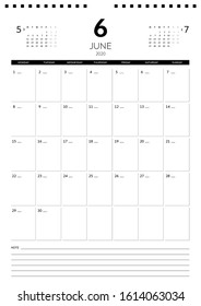June 2020. Monthly vertical calendar planner printable template A4, A3. Vector illustration. Week starts on Monday.