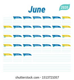 June 2020 planner. English calendar. Schedule design, journal, day book, diary or to-do list. Green color vector template. Week starts on Sunday. Business planning. New year calender