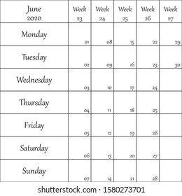 June 2020 Planner with number for each Weak black on transparent background