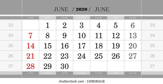June 2020 quarterly calendar block. Wall calendar in English, week starts from Sunday. Vector Illustration.
