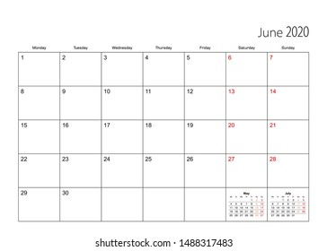 June 2020 simple calendar planner, week starts from Monday. Vector calendar planner.