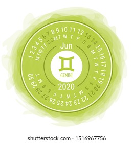 June 2020. Vector English сalendar. Zodiac sign. Gemini. Astrological symbol. Zodiacal color vector horoscope. Watercolor kid's sketch doodle style. Hand drawn frame. Round calender. Smoky circle