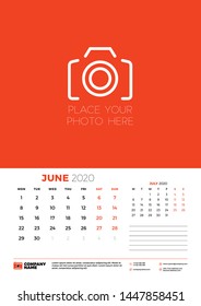 June 2020. Wall calendar planner template. Week starts on Monday. Typographic design template. Vector illustration